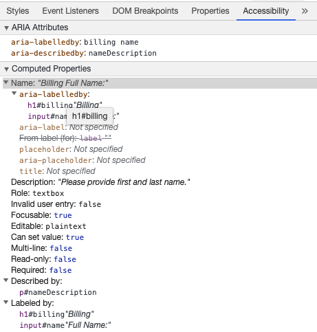 Chrome 開發者工具正在根據 aria-labelledby 和 aria-describedby 展示 input 的無障礙訪問名和無障礙訪問描述信息