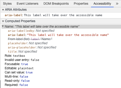 Chrome 開發者工具正在通過 aria-label 展示無障礙訪問的 input 框名字